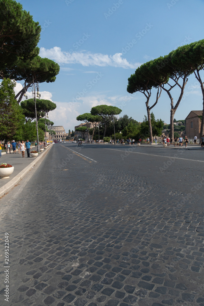 Via dei Fori Imperiali, the road  in the centre of the city of Rome, Italy, leading to the Colosseum from Piazza Venezia