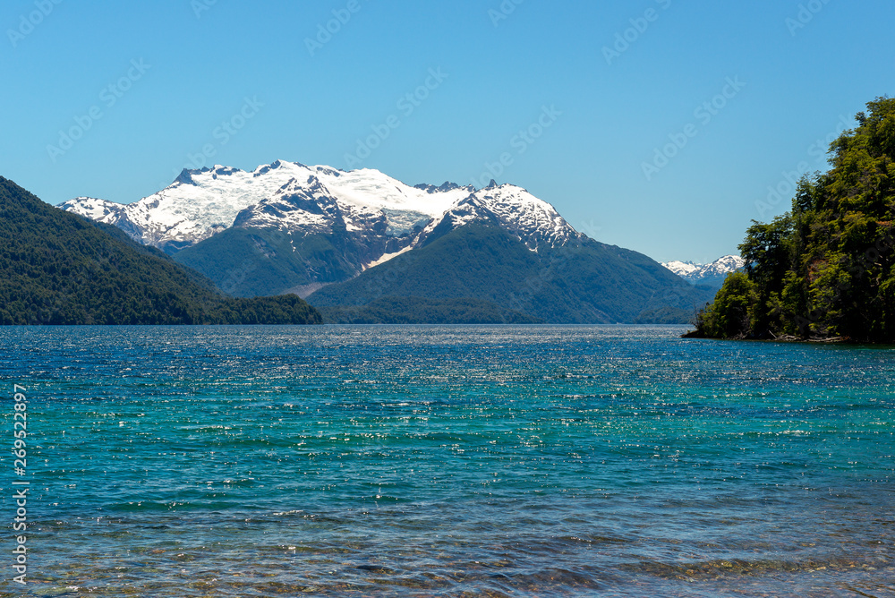 Menendez lake with Torrecillas glacier as background, Los Alerces National park in Patagonia, Argentina