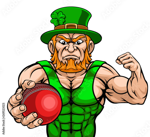 A leprechaun cricket sports mascot holding a ball