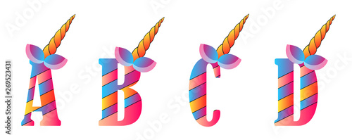 Unicorn cute fonts. Letters for decoration in unicorn birthday party.   Fun unicorn letter for little baby girl. 