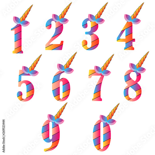 Numbers With Cute Unicorns Character Vector Set for Kids Birthday Party invitation, greeting card and cake toppers design.