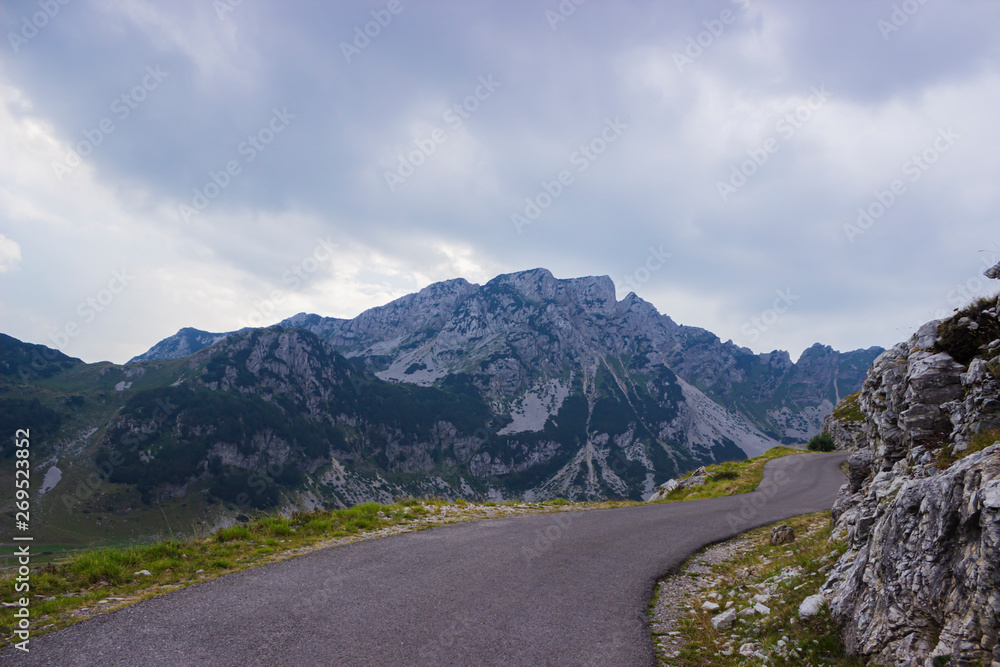 Fototapeta premium Empty asphalt road in the mountains and forest on the side. Background blur from movement speed.
