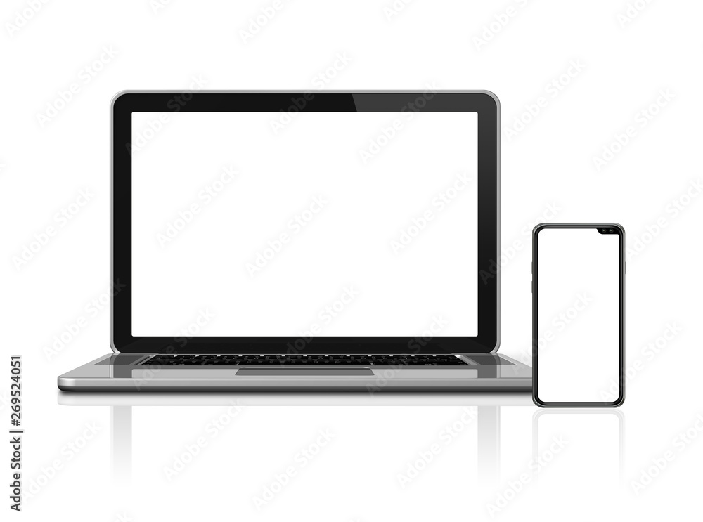 Laptop and smartphone set mockup isolated on white. 3D render Laptop and smartphone set mockup isolated on white. 3D render