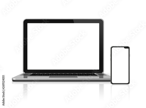 Laptop and smartphone set mockup isolated on white. 3D render