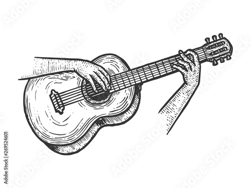 Hands playing acoustic guitar string instrument sketch engraving vector illustration. Scratch board style imitation. Black and white hand drawn image.
