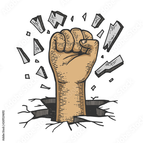 Human fist crash wall color sketch engraving vector illustration. Scratch board style imitation. Black and white hand drawn image.