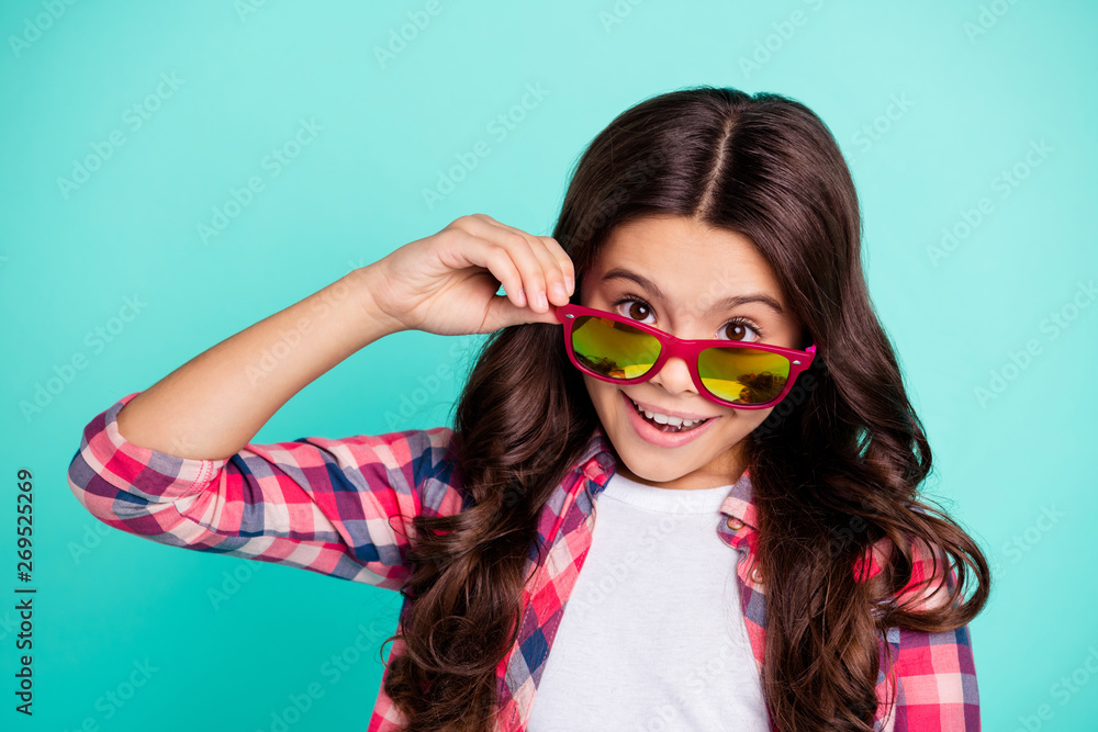 Close-up portrait of her she nice attractive lovely cheerful cheery wavy-haired pre-teen girl wearing checked shirt isolated over bright vivid shine green blue turquoise background Close-up portrait of her she nice attractive lovely cheerful cheery wavy-haired pre-teen girl wearing checked shirt isolated over bright vivid shine green blue turquoise background