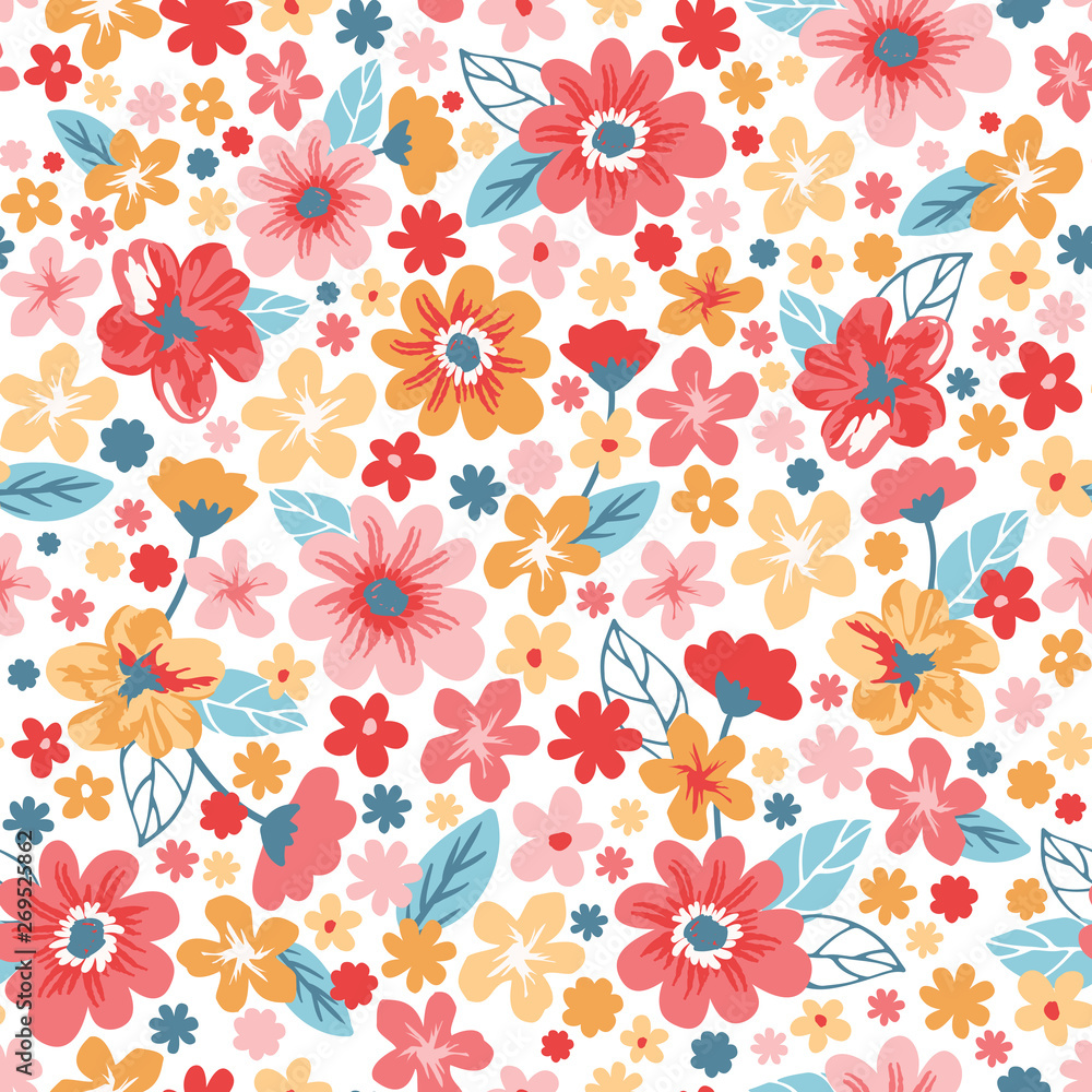 Seamless ditsy floral folk pattern with pink and yellow flowers