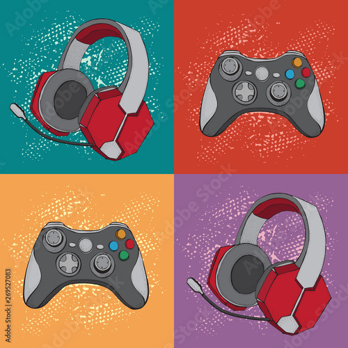 Gamepad joystick game controller and Headphones with microphone. Devices for video games, esports, gamer. Hand drawn pattern. Colorful background in pop art retro comic style.