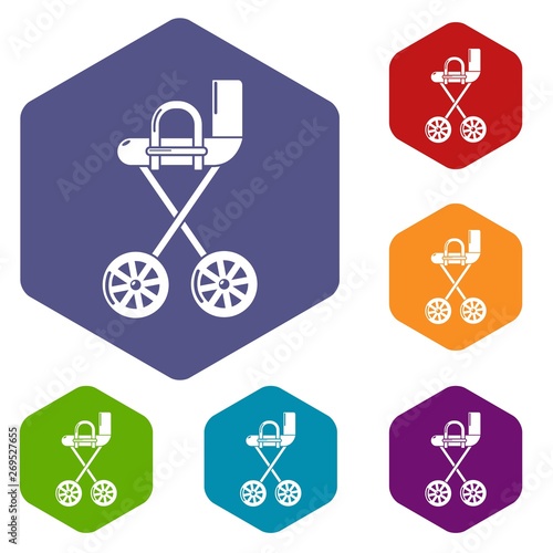 Baby carriage yellow icons vector colorful hexahedron set collection isolated on white