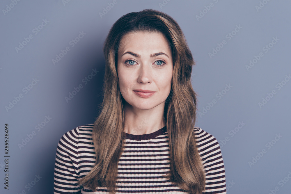 Close-up portrait of her she nice-looking attractive lovely candid calm wavy-haired lady isolated over gray pastel violet purple background Close-up portrait of her she nice-looking attractive lovely candid calm wavy-haired lady isolated over gray pastel violet purple background