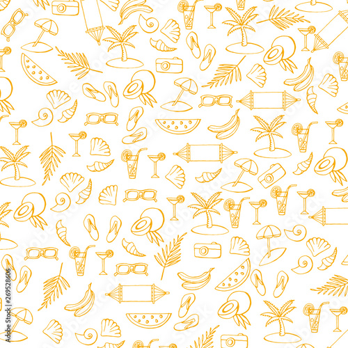 Summer pattern with vacation and travel icons. Summer time. Contour summer symbols. Hand made doodle icons in sketch style. © N_Melanchenko