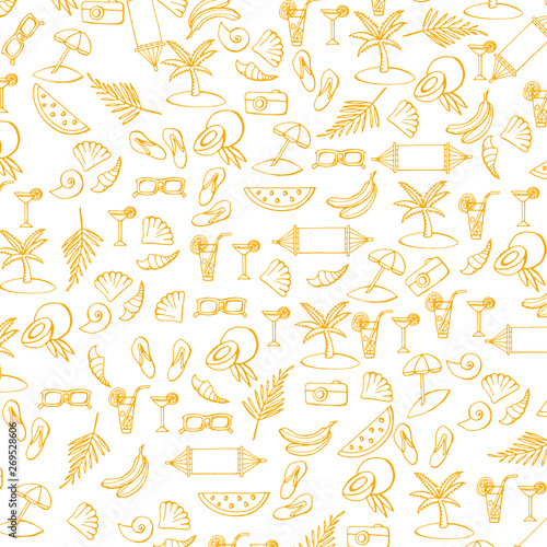 Summer pattern with vacation and travel icons. Summer time. Contour summer symbols. Hand made doodle icons in sketch style.