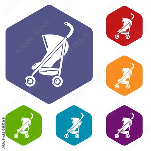 Baby carriage simple icons vector colorful hexahedron set collection isolated on white