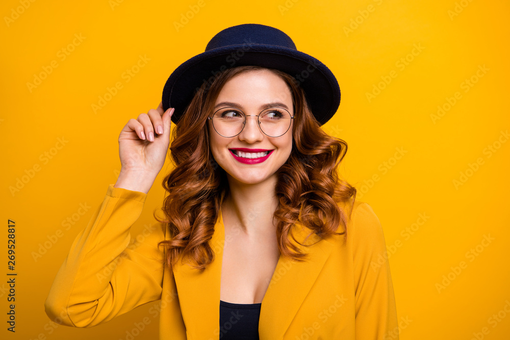 Close-up portrait of her she nice charming cute winsome attractive lovely sweet luxury chic cheerful wavy-haired lady wearing yellow blazer isolated on bright vivid shine orange background Close-up portrait of her she nice charming cute winsome attractive lovely sweet luxury chic cheerful wavy-haired lady wearing yellow blazer isolated on bright vivid shine orange background