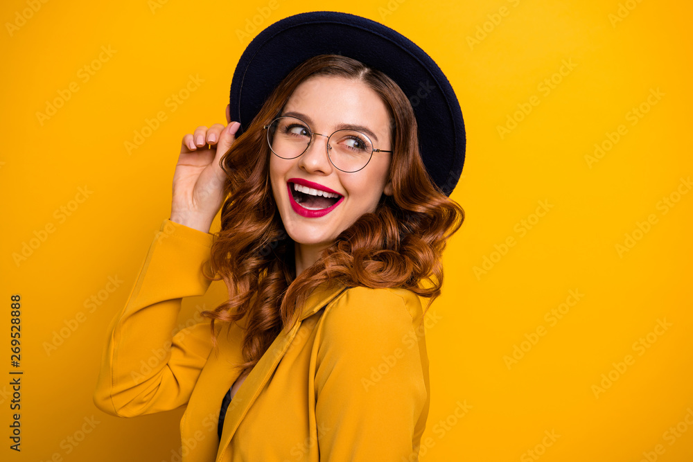 Close-up portrait of her she nice charming cute attractive lovely adorable winsome fascinating chic cheerful wavy-haired lady wearing yellow blazer isolated on bright vivid shine orange background - obrazy, fototapety, plakaty 