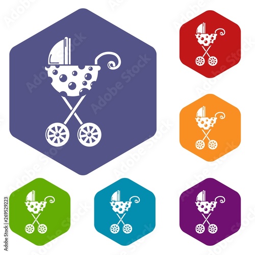 Baby carriage elegant icons vector colorful hexahedron set collection isolated on white