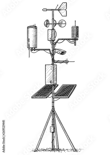 Weather station illustration, drawing, engraving, ink, line art, vector