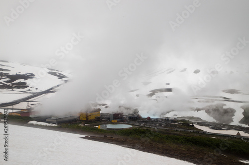 view of the working Mutnovsky geothermal power station. Russia, Kamchatka