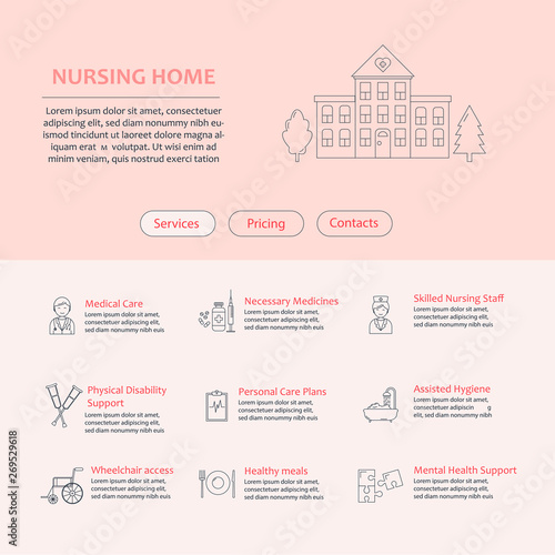 Nursing home for elderly people landing page template. Elderly and senior care modern vector line icons set for web page, poster, brochure, banner