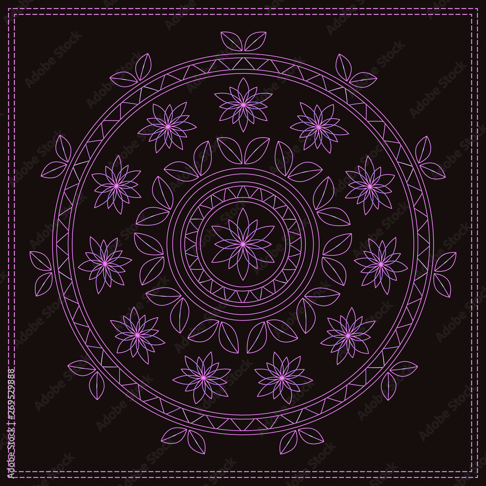 Round, pink, floral pattern of leaves, flowers and lines isolated on dark background. The outline of the mandala Round, pink, floral pattern of leaves, flowers and lines isolated on dark background. The outline of the mandala