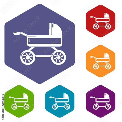 Baby carriage icons vector colorful hexahedron set collection isolated on white