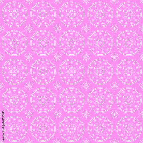 Delicate, lace seamless pattern: white, contoured circles on pink background