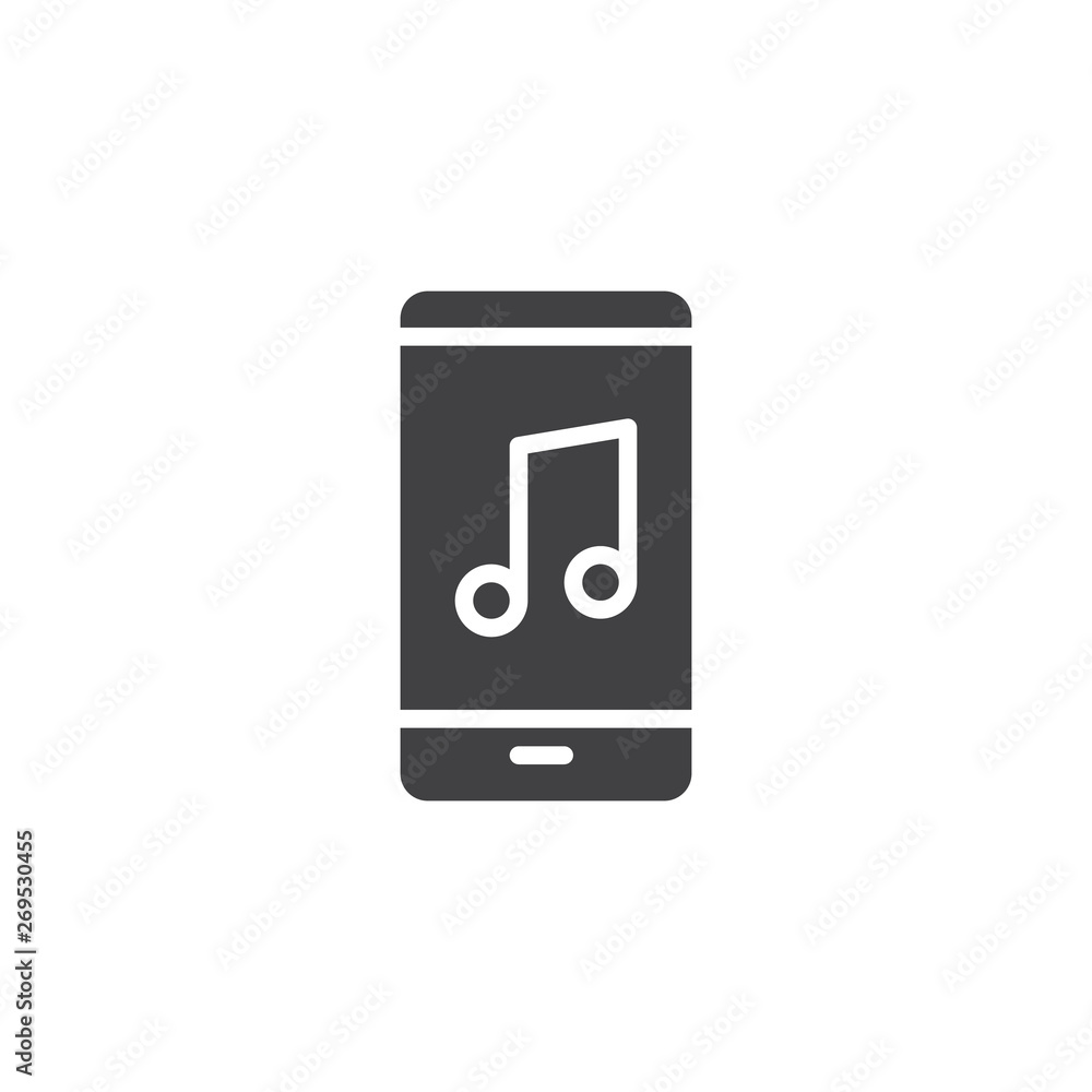 Mobile phone with musical note vector icon. filled flat sign for mobile concept and web design. Music player glyph icon. Symbol, logo illustration. Vector graphics Mobile phone with musical note vector icon. filled flat sign for mobile concept and web design. Music player glyph icon. Symbol, logo illustration. Vector graphics