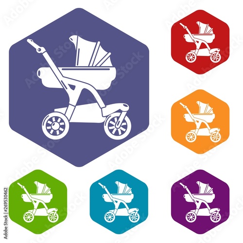 Baby carriage designer icons vector colorful hexahedron set collection isolated on white