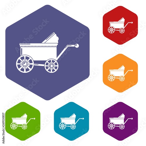 Baby carriage ancient icons vector colorful hexahedron set collection isolated on white