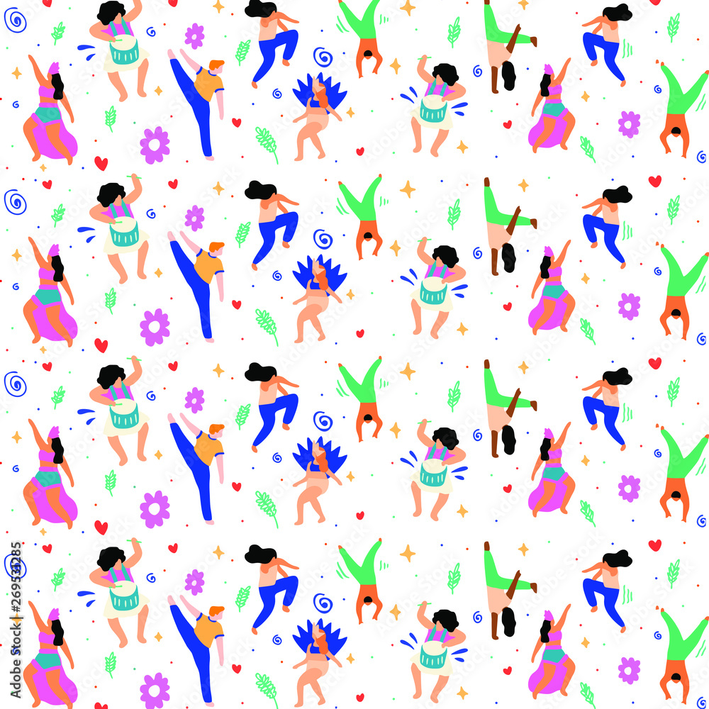 Group of people dancing on dancefloor with instrument. Flat vector illustration isolated on white background. Group of people dancing on dancefloor with instrument. Flat vector illustration isolated on white background.