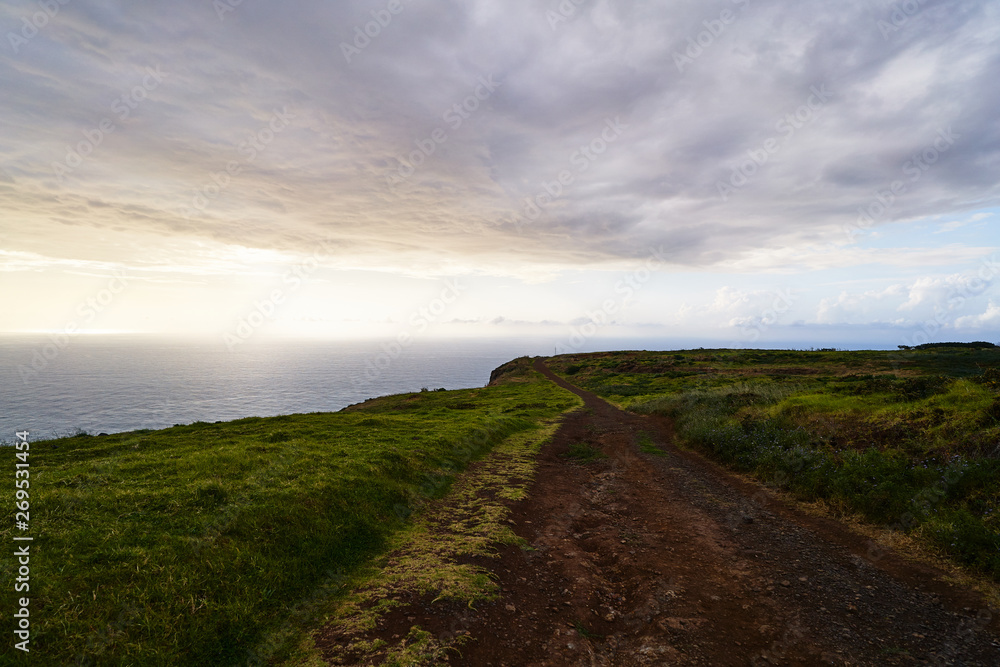landscape with road going to the sunset in Ponta do Pargo, Madeira