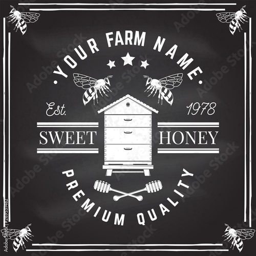 Honey farm badge. Vector on the chalkboard. Concept for shirt, stamp or tee. Vintage typography design with bee, hive and honey dipper silhouette. Retro design for honey bee farm business