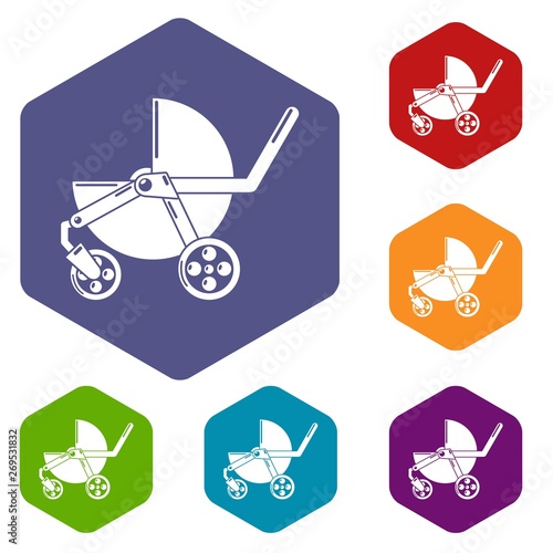 Baby carriage modern icons vector colorful hexahedron set collection isolated on white