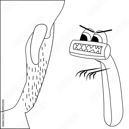 angry razor looks at unshaven face. Isolated outline vector illustration