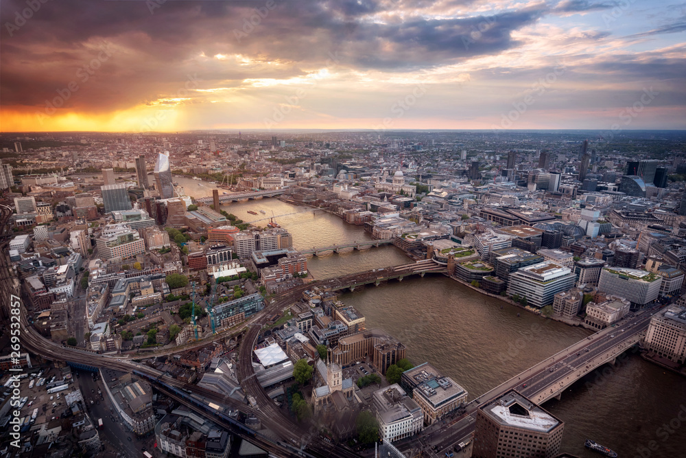 Aerial view of London skyline at sunset, United Kingdom .