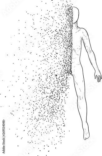 Illustration of a human in graphics. Soul and body splitting. Figure black pen