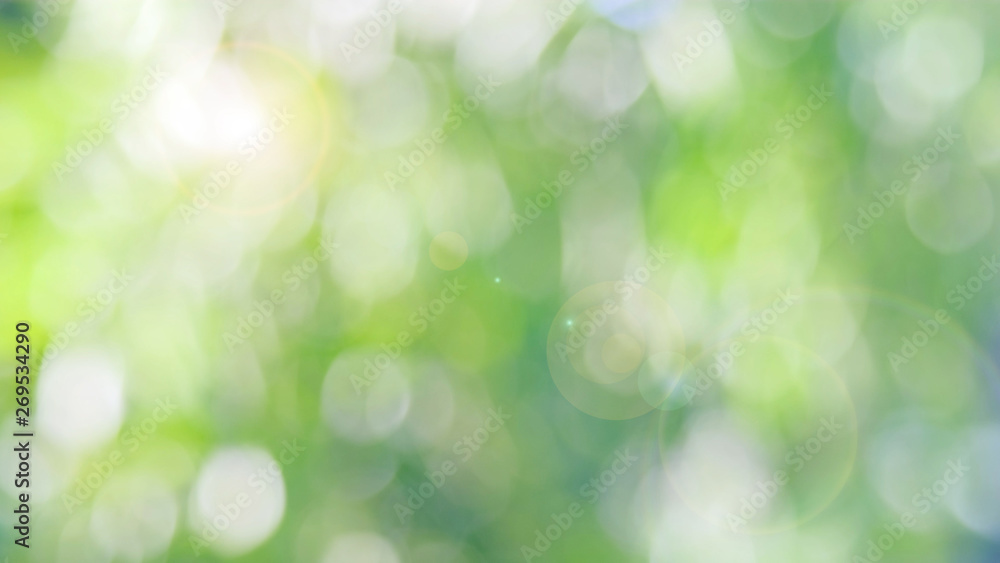 Nature green bokeh sun light flare and blur leaf abstract texture background,  blurred natural green leaves