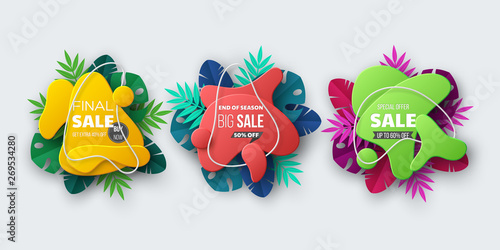 Summer sale banner with tropical palm leaves. Liquid abstract shapes in 3d paper cut style. Exotic floral vector design.