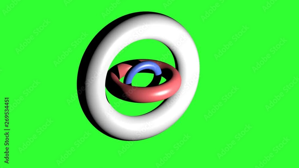 White torus, red torus and blue torus rotating around a common center in different axes. 3d animation on green screen, full HD quality movie White torus, red torus and blue torus rotating around a common center in different axes. 3d animation on green screen, full HD quality movie