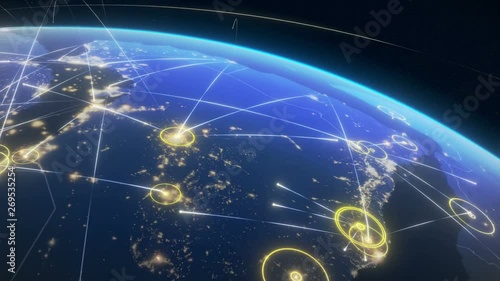 Global communication through a network of connections from Europe to America. Concept of internet, social media, traveling. High resolution textures of city lights, earth and stars. 