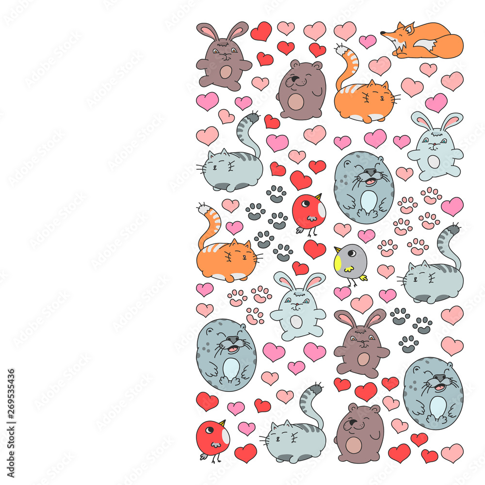 Obraz premium Vector set of beautiful round icons in the form of wild animals for children and design, print, cat ,bear, fox, bird ,hare or rabbit. Round animals with caption on white background.