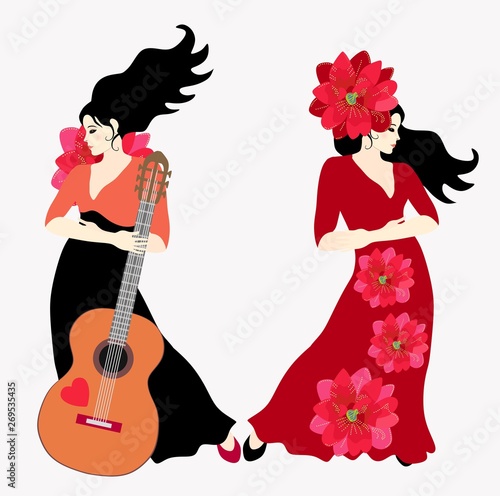 Two black-haired Spanish women wearing long dresses - a flamenco dancer and a guitarist - are posing against a light background.