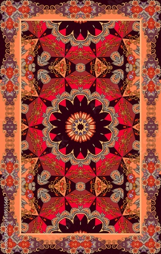 Kilim. Beautiful carpet in ethnic style with mandala - star and ornamental frame.