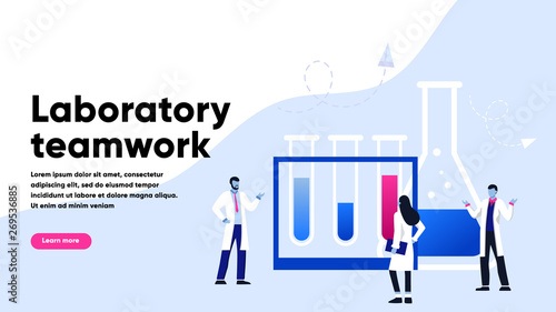 Research laboratory vector illustration concept, tiny scientis working at laboratorium with glass tubes. Teamwork lab research with science chem with chemical liquid illustration concept