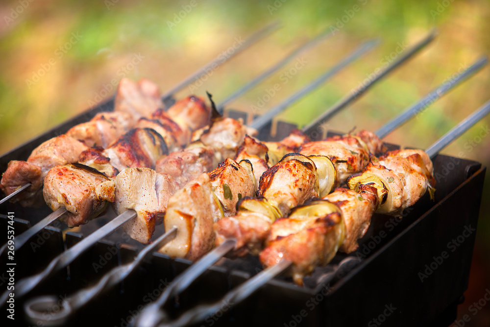 delicious meat barbecue grill outdoors on a blurred background of nature