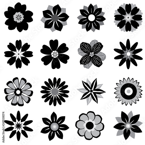 A collection of flowers graphical in black and white