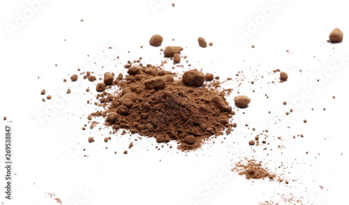 Cocoa powder pile isolated on white background