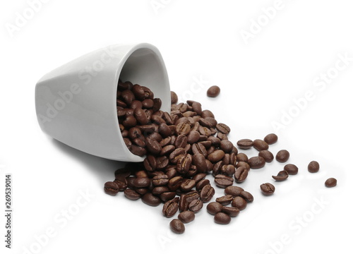 Coffee beans with white mug isolated on white background