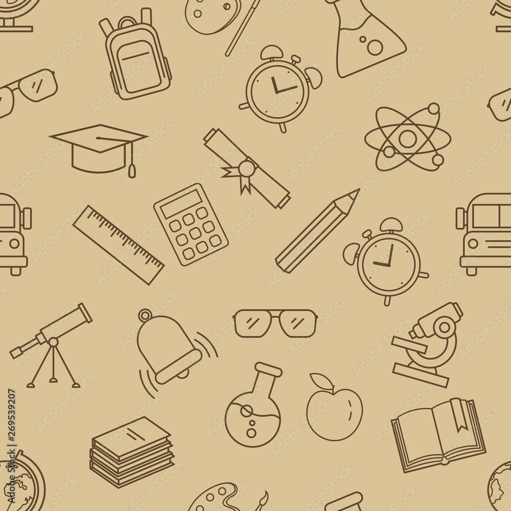 Obraz premium Vector Seamless Pattern with Outline School Icons on Brown Background
